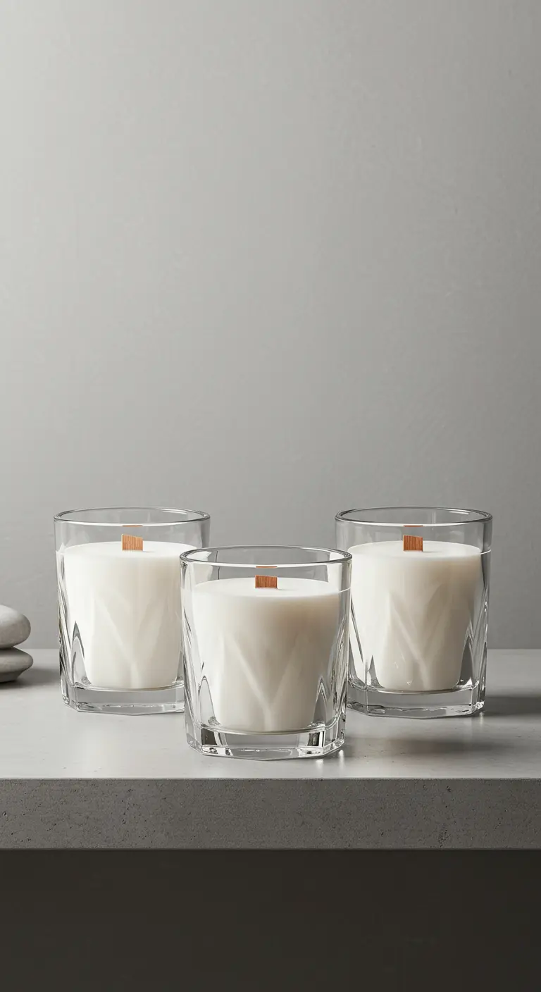 Tres velas blancas en vasos de cristal tallado modernos con mechas de madera