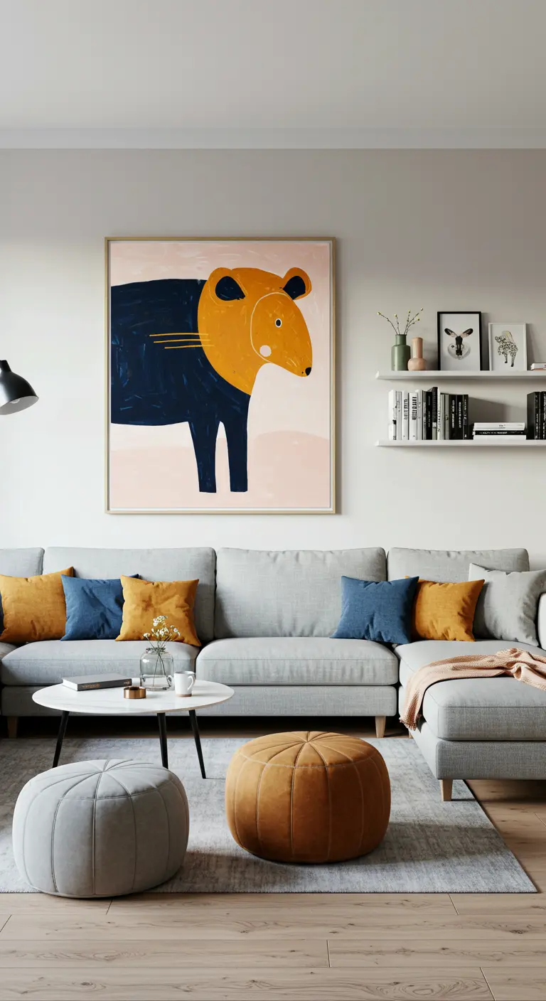 Sala de estar de estilo escandinavo con un cuadro de un animal estilizado y cojines a juego.