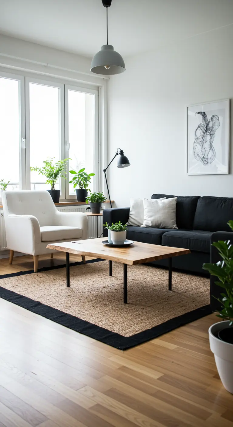 Sala con sofá negro, butaca blanca, mesa de madera natural y alfombra de yute.