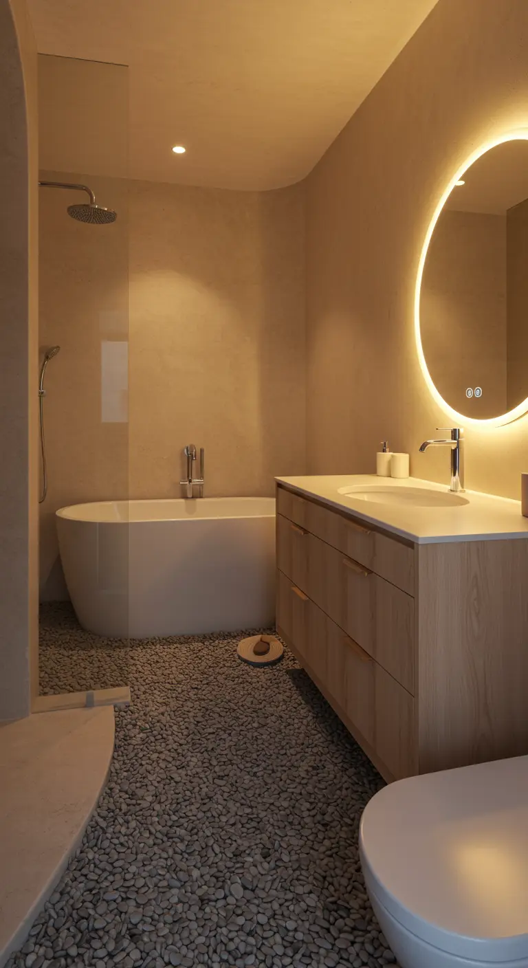 Baño con suelo de cantos rodados, mueble de madera y un gran espejo redondo retroiluminado.