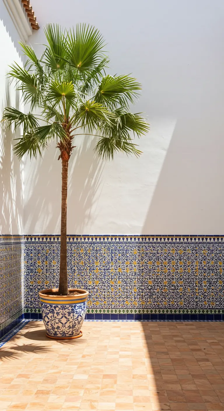 Patio con pared blanca y un zócalo de azulejos árabes, con una palmera en una maceta decorada