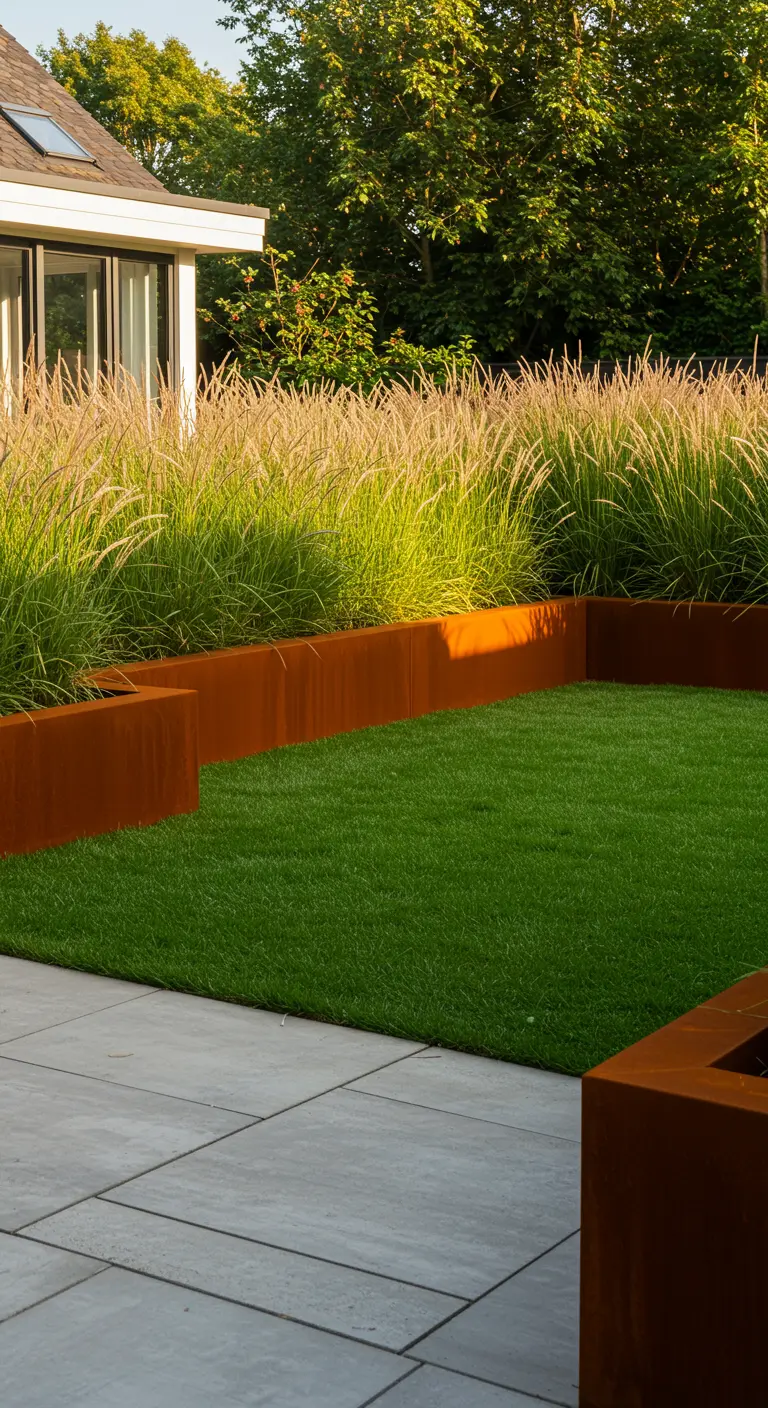 Jardineras elevadas de acero corten oxidado llenas de gramíneas altas junto a un césped verde.