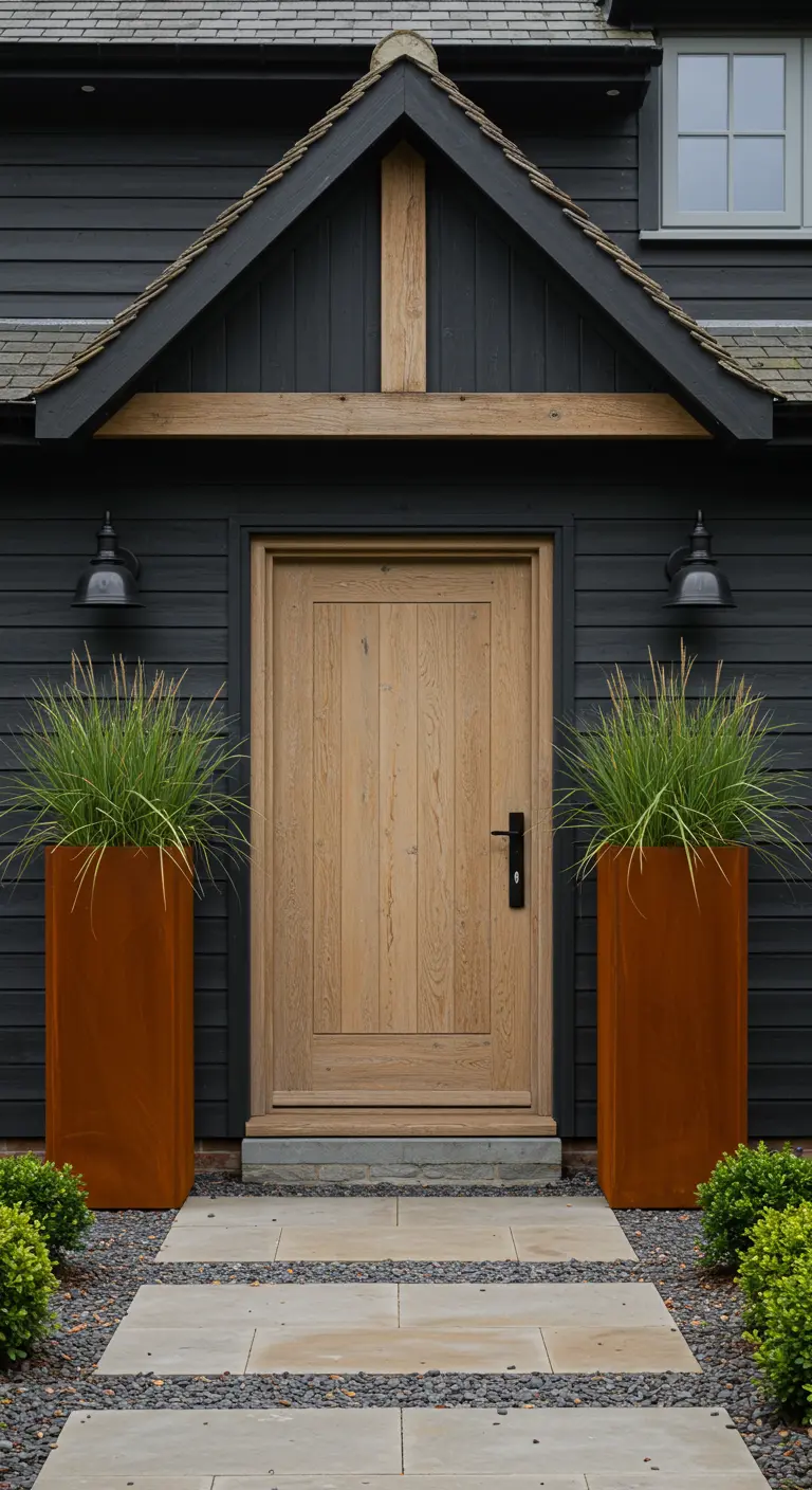 Entrada moderna con fachada oscura, puerta de madera clara y dos maceteros altos de acero Corten.