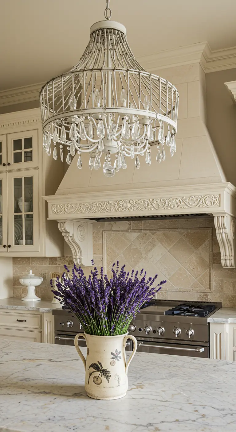 Cocina de estilo provenzal con una lámpara de araña blanca en forma de jaula con cristales.