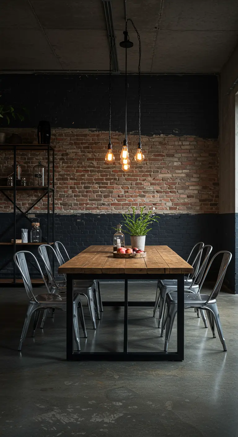 Comedor industrial con pared de ladrillo y franja negra superior, mesa de madera y sillas metálicas.