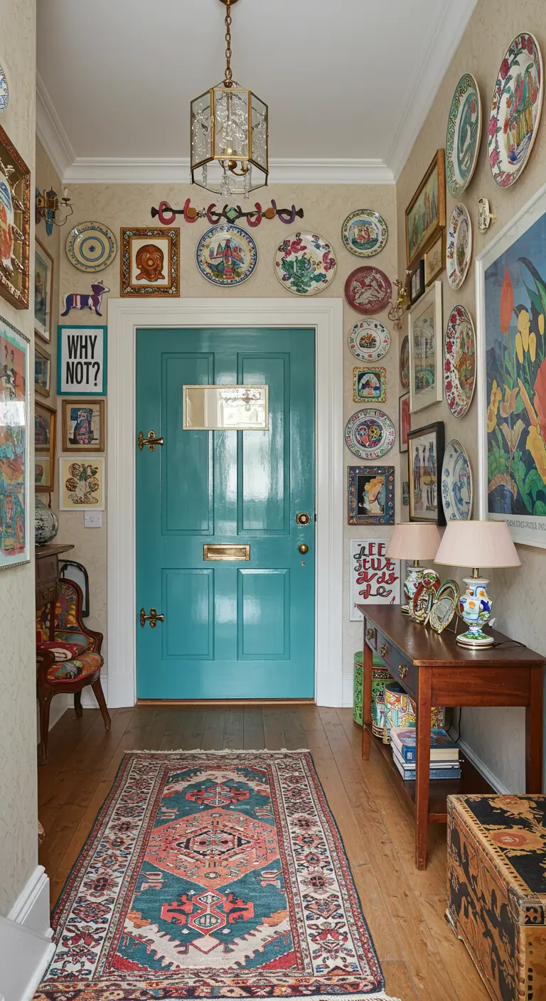 Entrada ecléctica y colorida con una pared llena de cuadros y platos, y uno pequeño que dice 'WHY NOT?'.