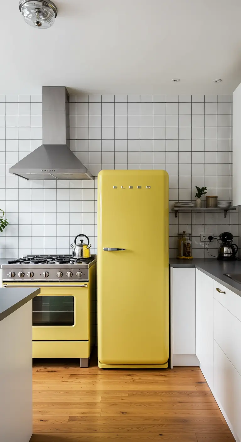 Cocina con frigorífico y fogones retro en color mostaza y pared de azulejos blancos.