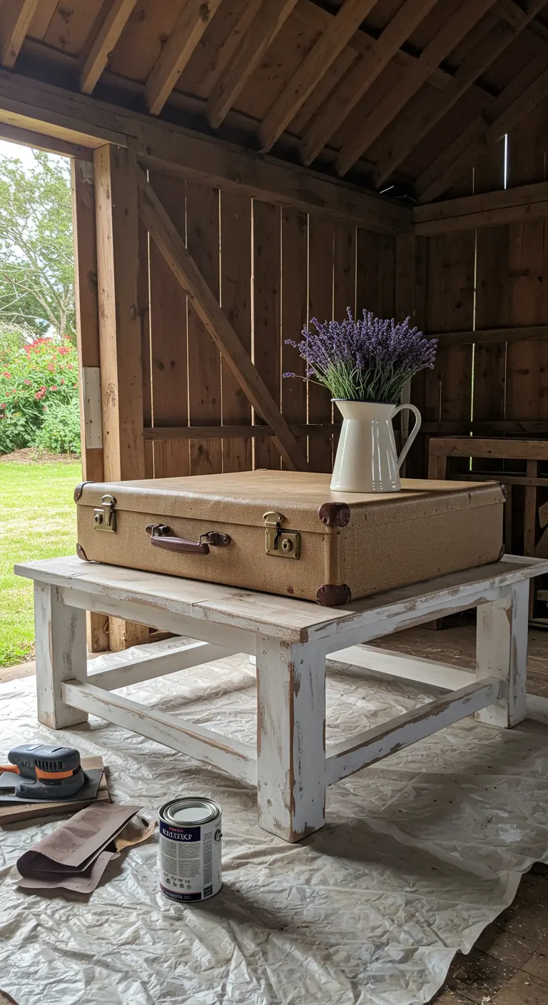 Maleta vintage beige sobre una mesa de madera blanca decapada en un granero rústico.