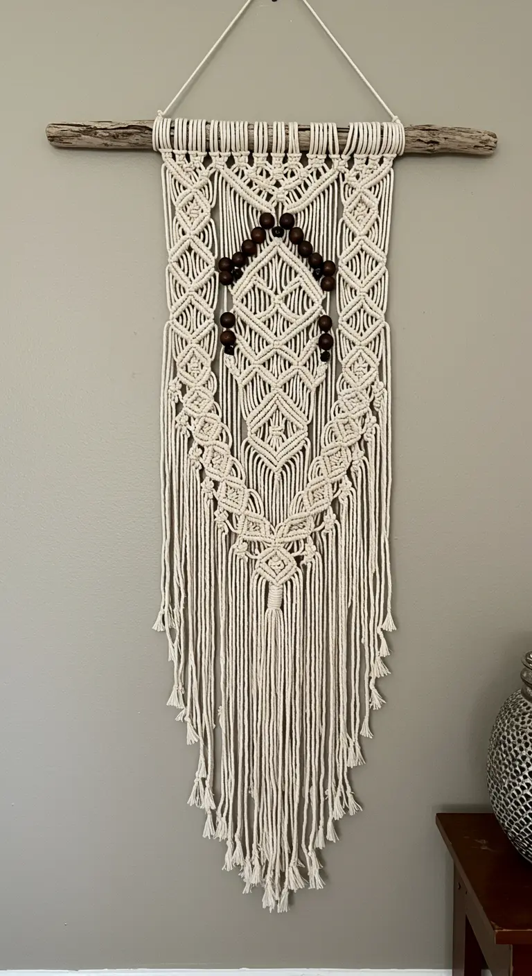 Tapiz de macramé en color crudo con un patrón de diamantes y cuentas de madera oscura, sobre una rama natural.