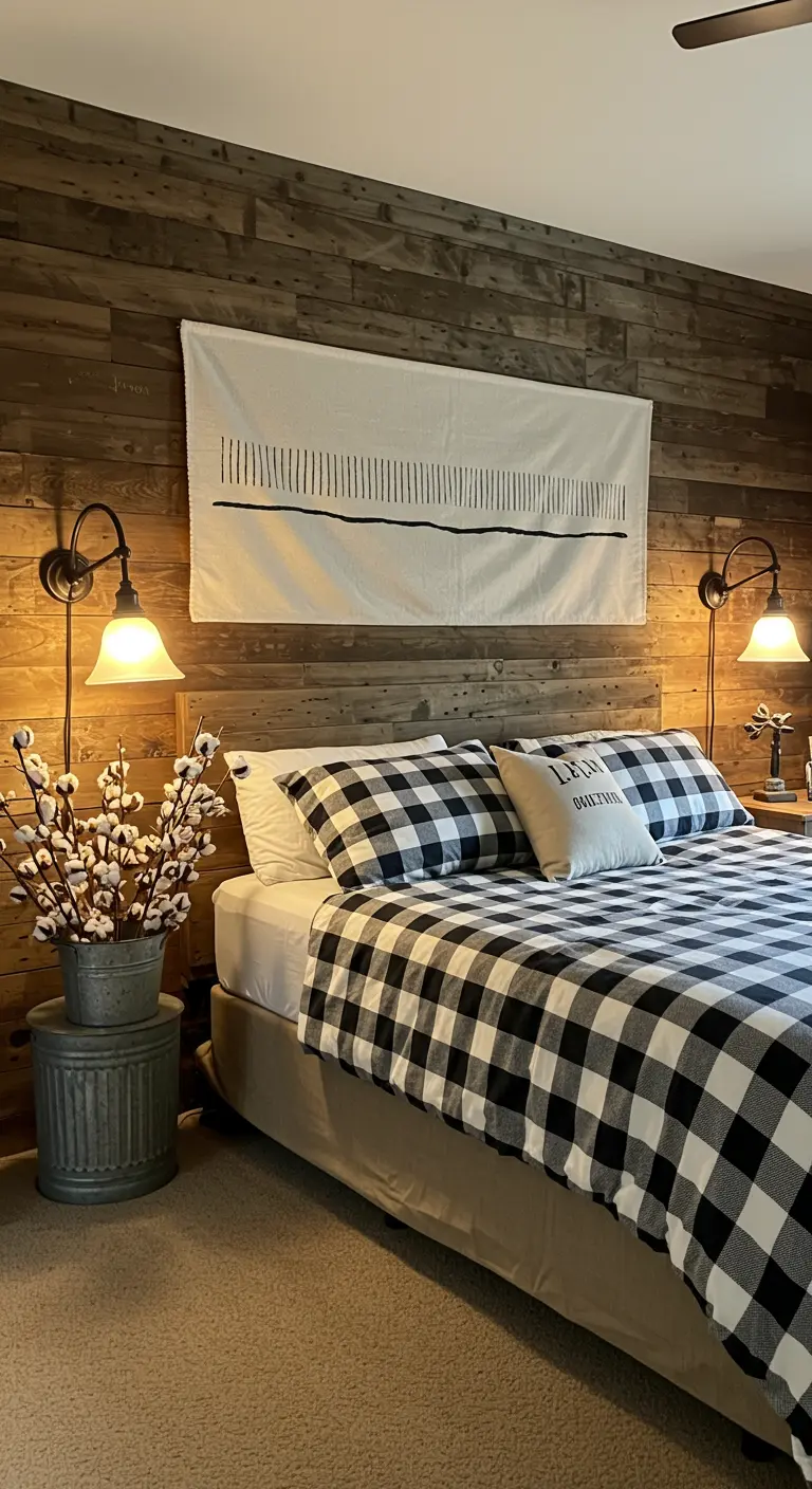 Dormitorio rústico con pared de madera y un tapiz minimalista sobre la cama de cuadros.