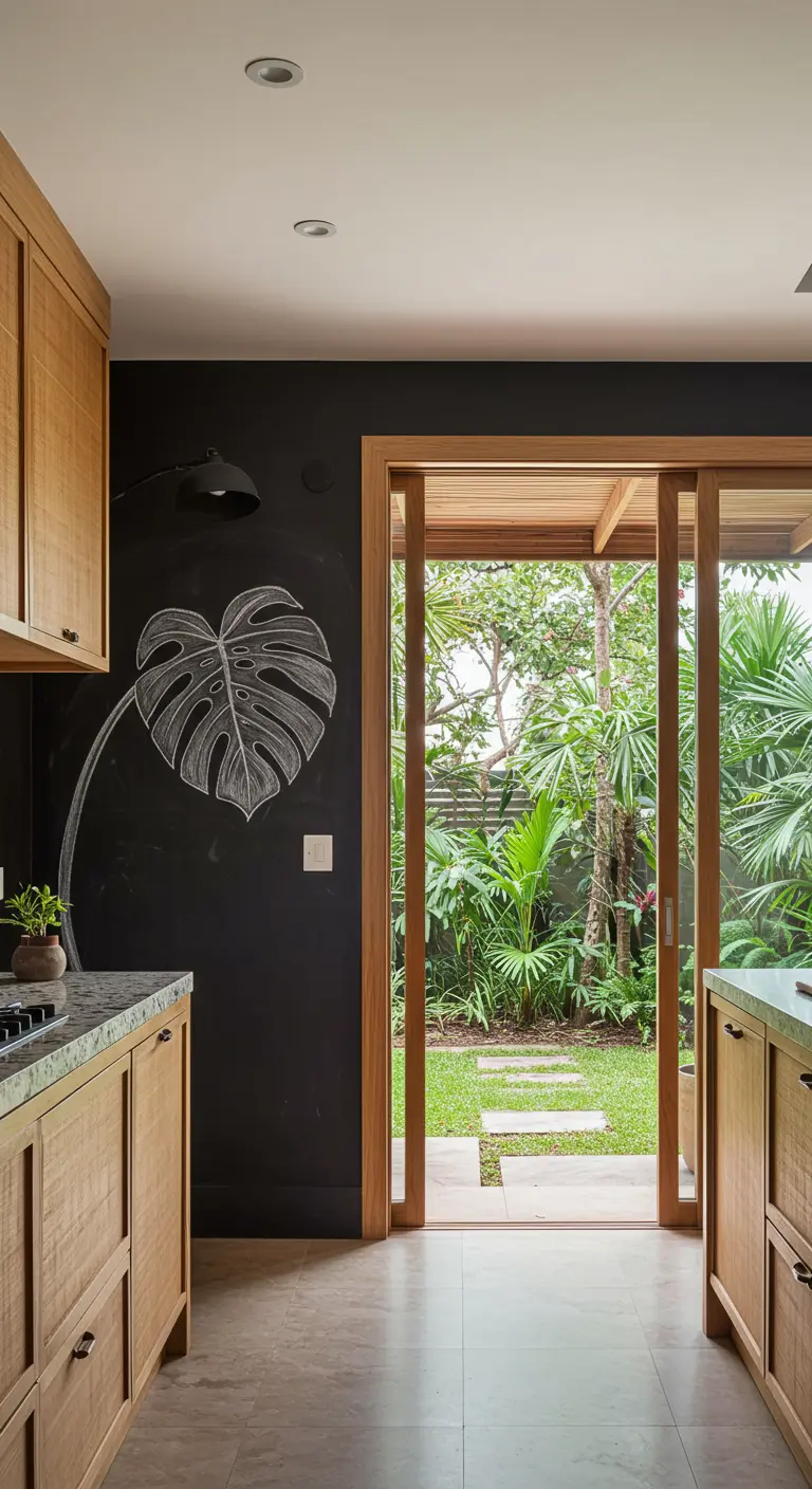 Cocina de madera con una pared de pizarra en la que hay dibujada una gran hoja de Monstera.