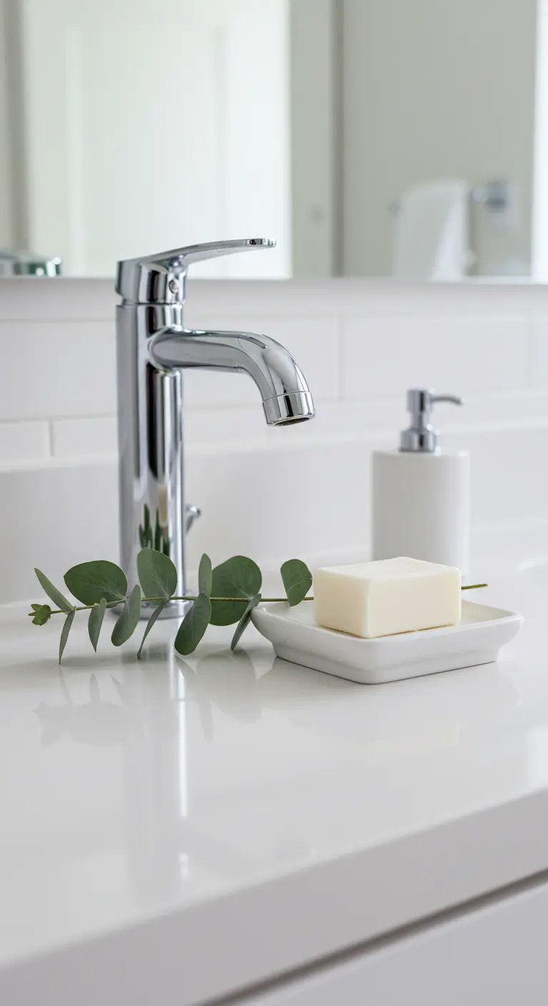 Jabonera blanca con una pastilla de jabón y una pequeña ramita de eucalipto junto al grifo.