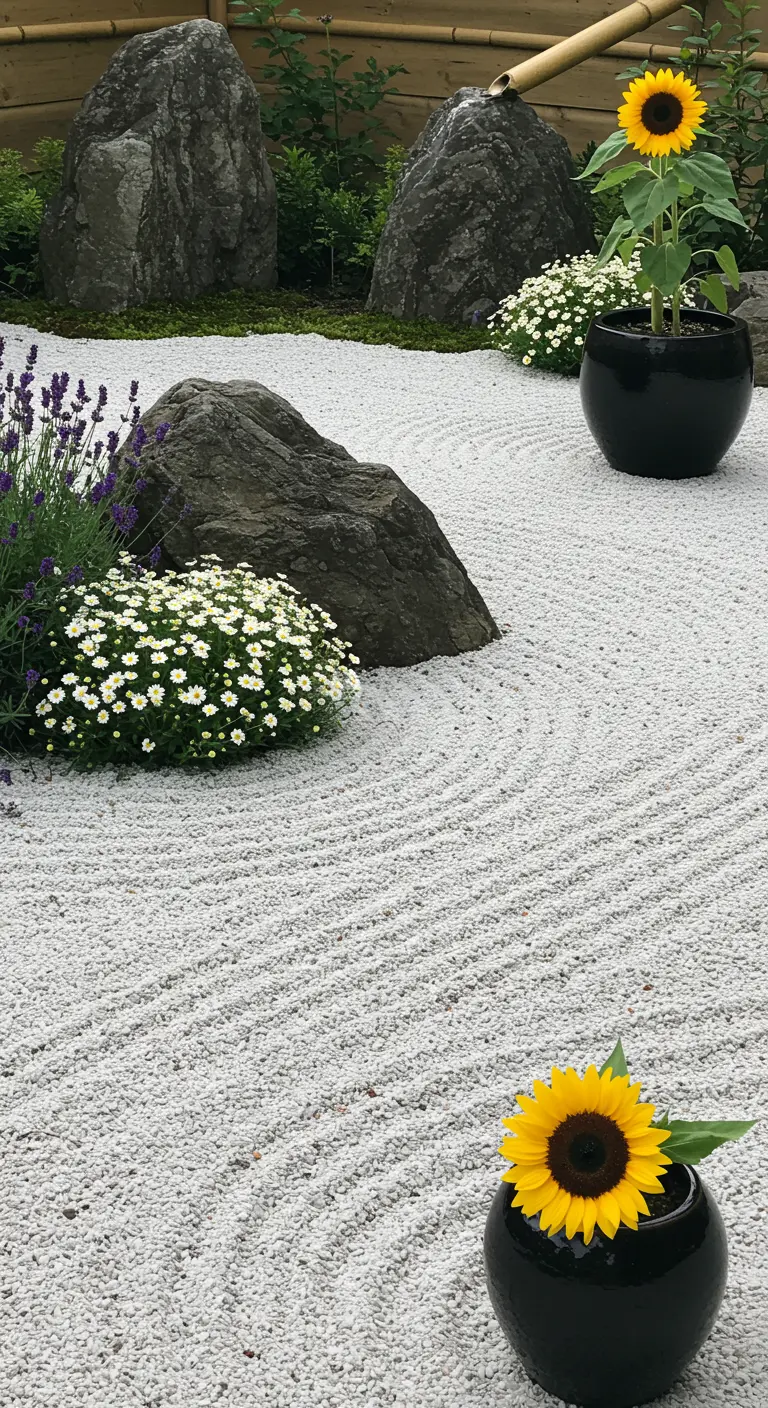 Jardín zen con grava blanca rastrillada, rocas y girasoles en macetas negras minimalistas.