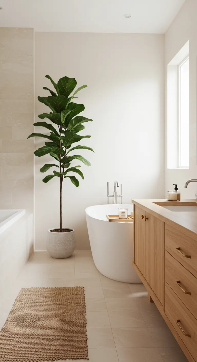 Baño minimalista bohemio con una planta alta, alfombra de yute y mueble de madera clara.