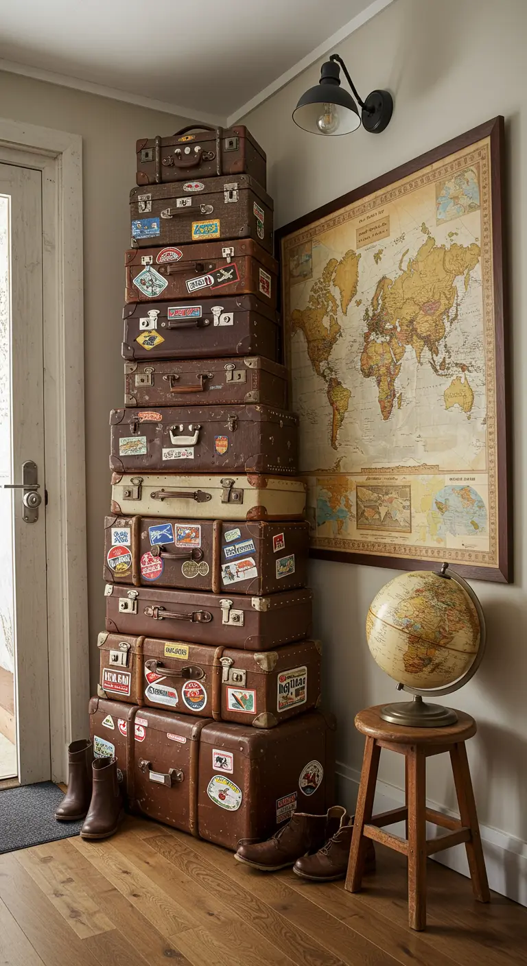 Una alta torre de maletas vintage cubiertas de pegatinas de viaje junto a un mapa del mundo.