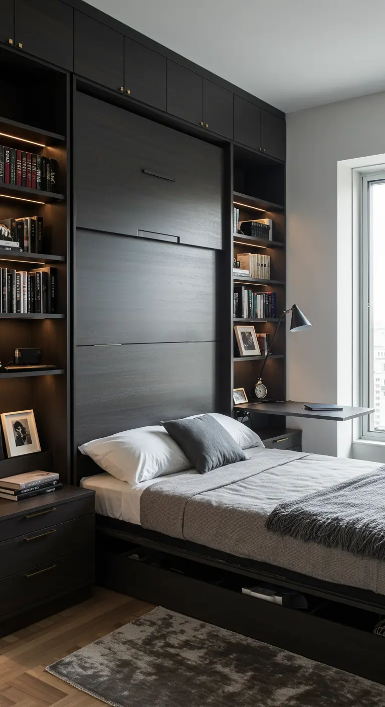 Cama abatible negra con estanterías y escritorio integrados.