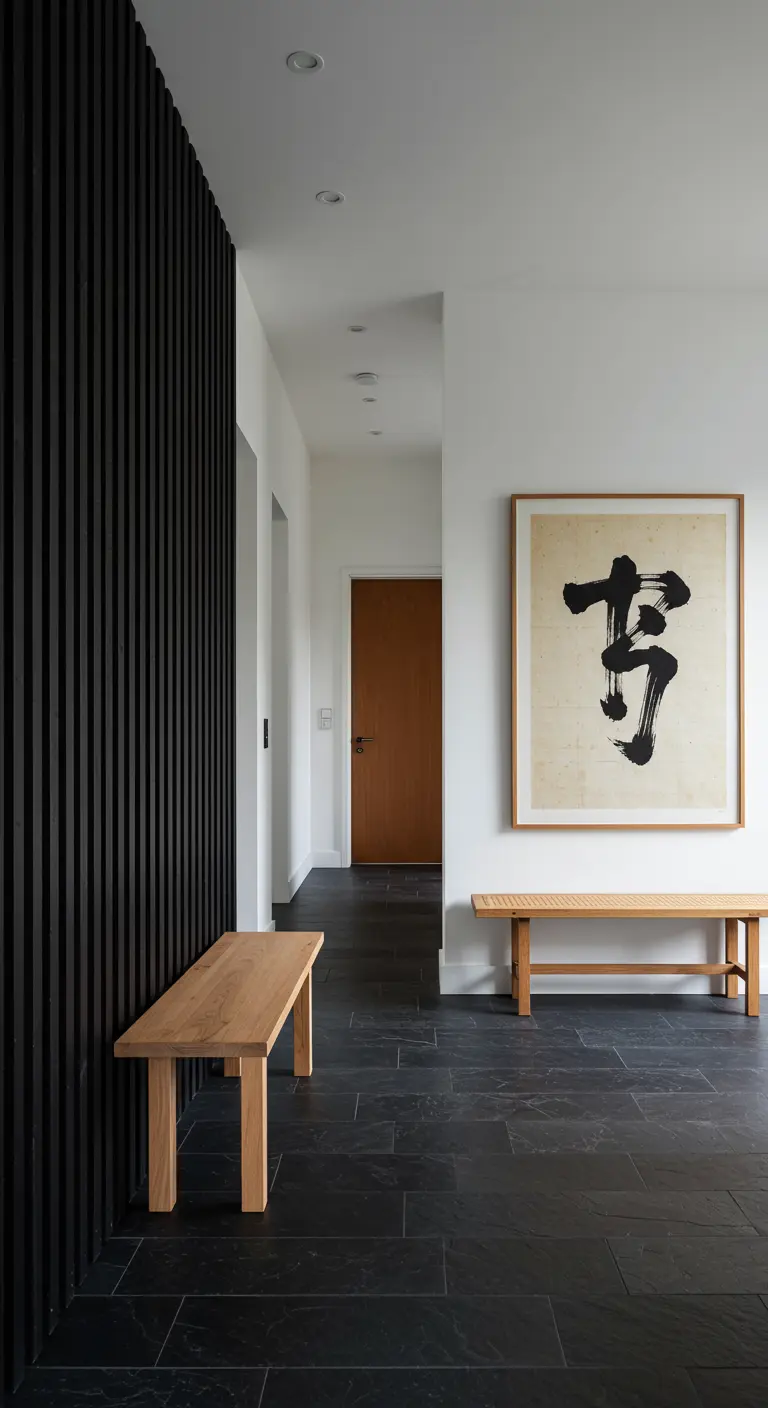Entrada de inspiración japonesa con pared de listones negros y un cuadro de caligrafía.