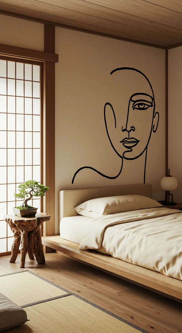 Mural minimalista de un rostro de una sola línea en un dormitorio de inspiración japonesa.