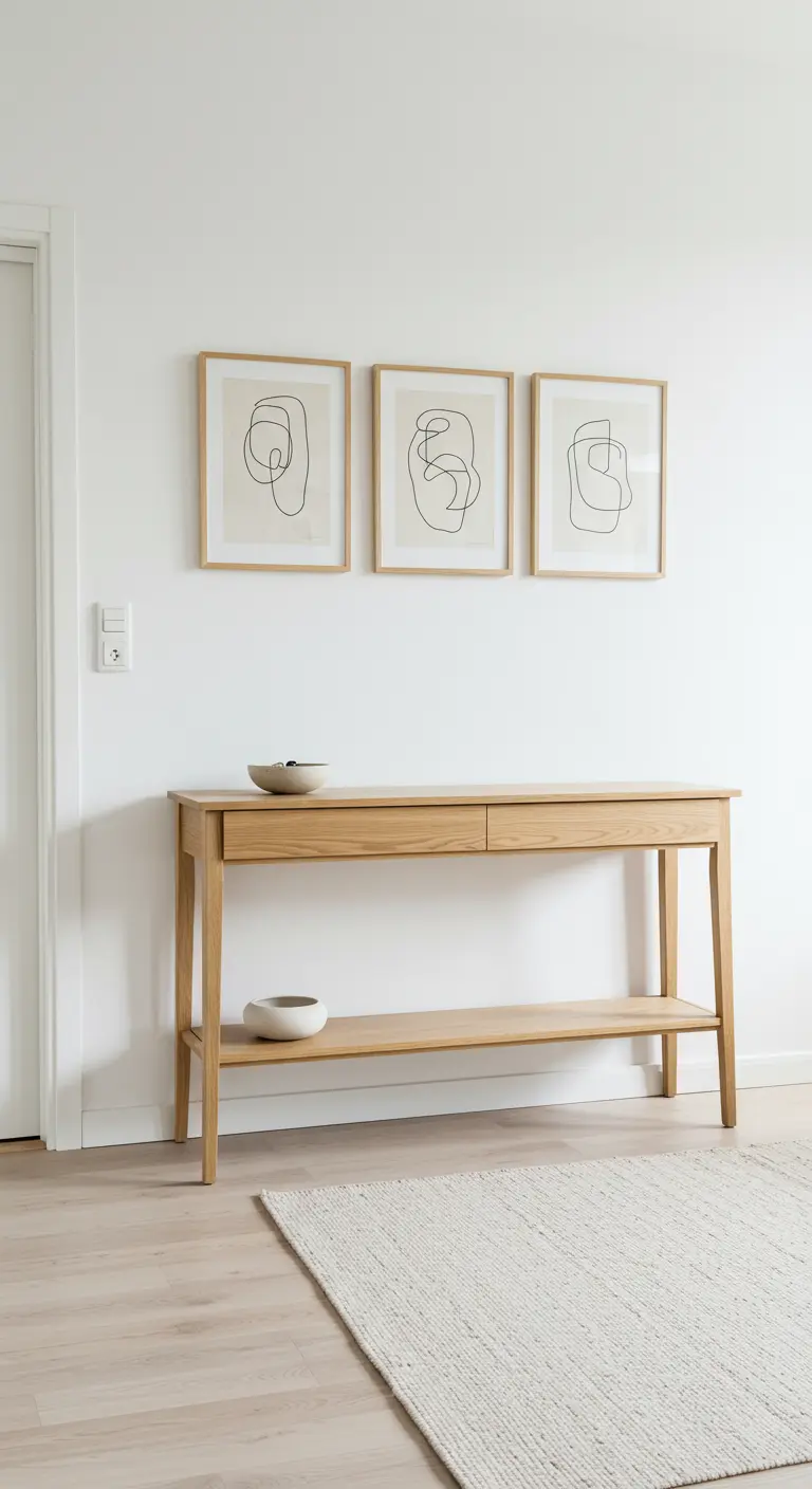 Consola de madera con tres cuadros de arte lineal en una pared blanca.