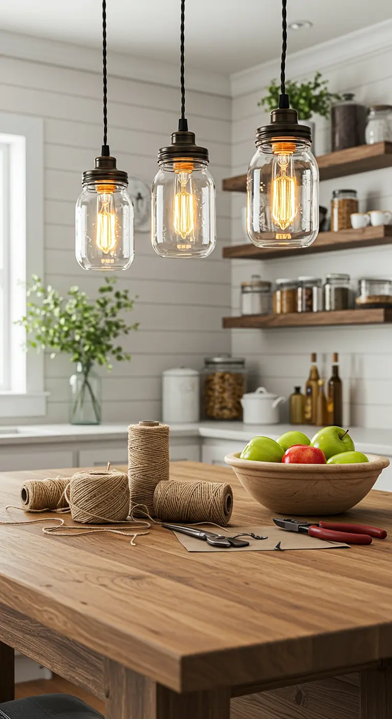 Tres lámparas colgantes hechas con frascos de cristal sobre una isla de cocina de madera.
