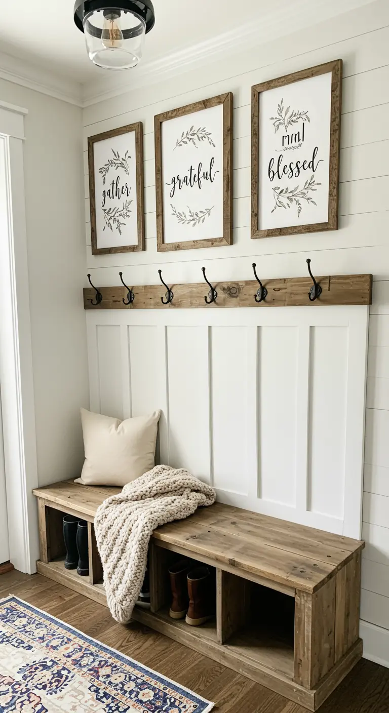 Recibidor estilo farmhouse con un banco de madera y tres cuadros con frases inspiradoras.