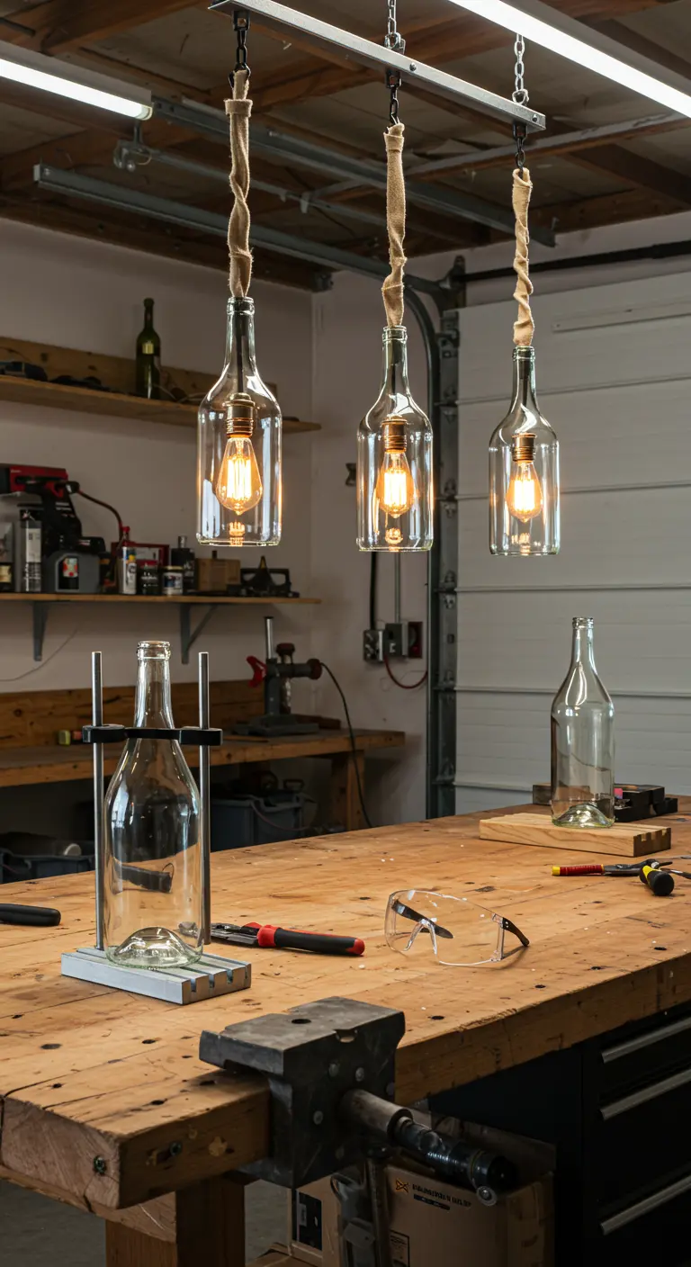Lámparas colgantes hechas con botellas de vino y cables forrados en yute en un taller de bricolaje.