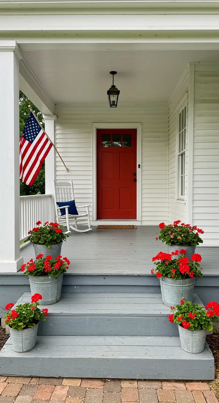 Porche de estilo country americano con puerta roja, bandera y geranios en cubos de metal.
