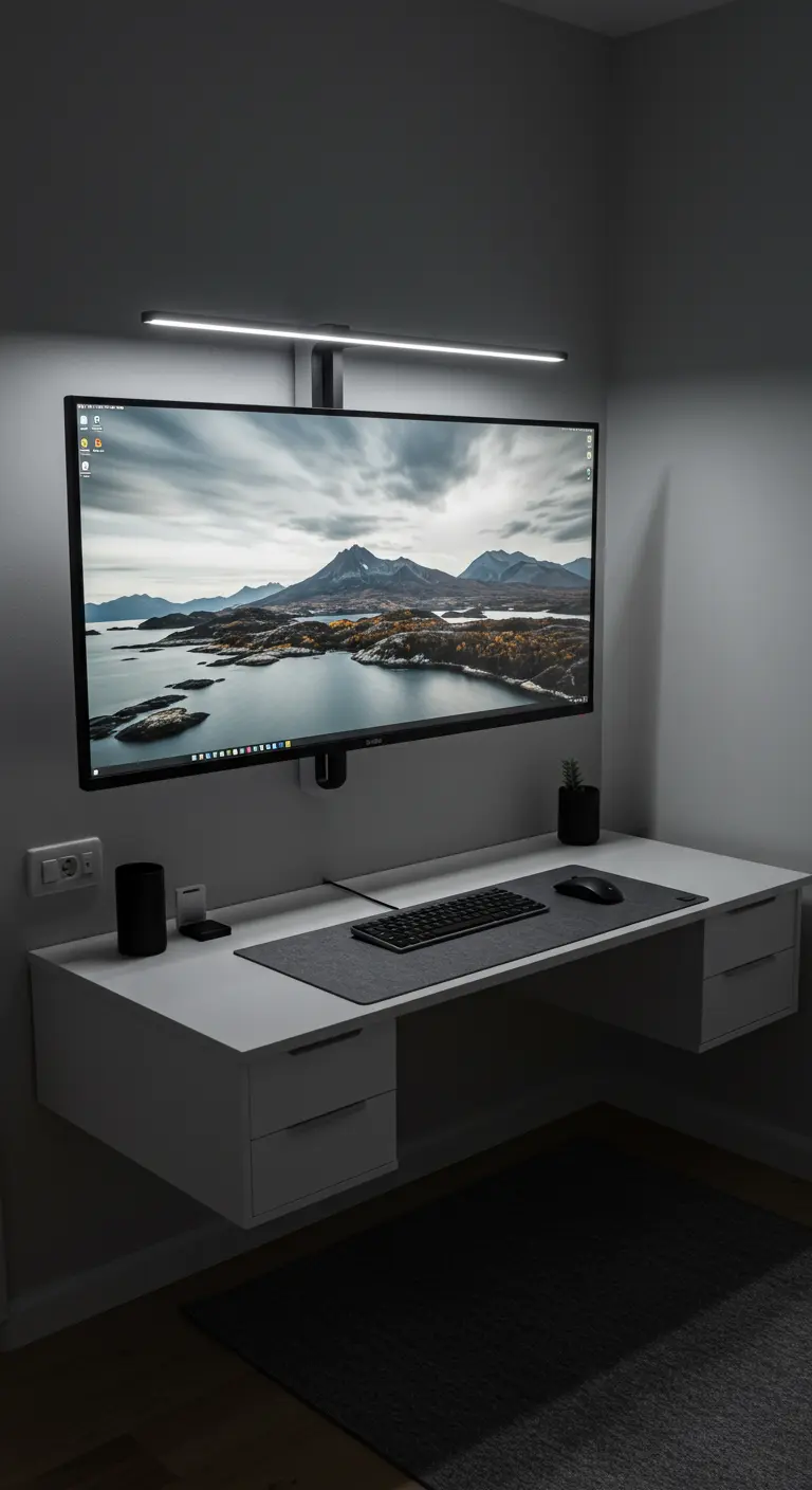 Escritorio flotante blanco con un monitor grande y una barra de luz en una habitación oscura.