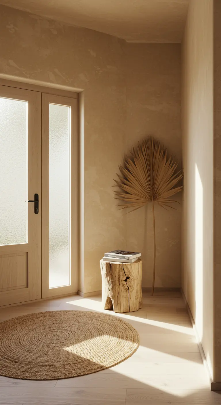 Rincón de entrada minimalista con un taburete de tronco de árbol y una hoja de palmera seca.