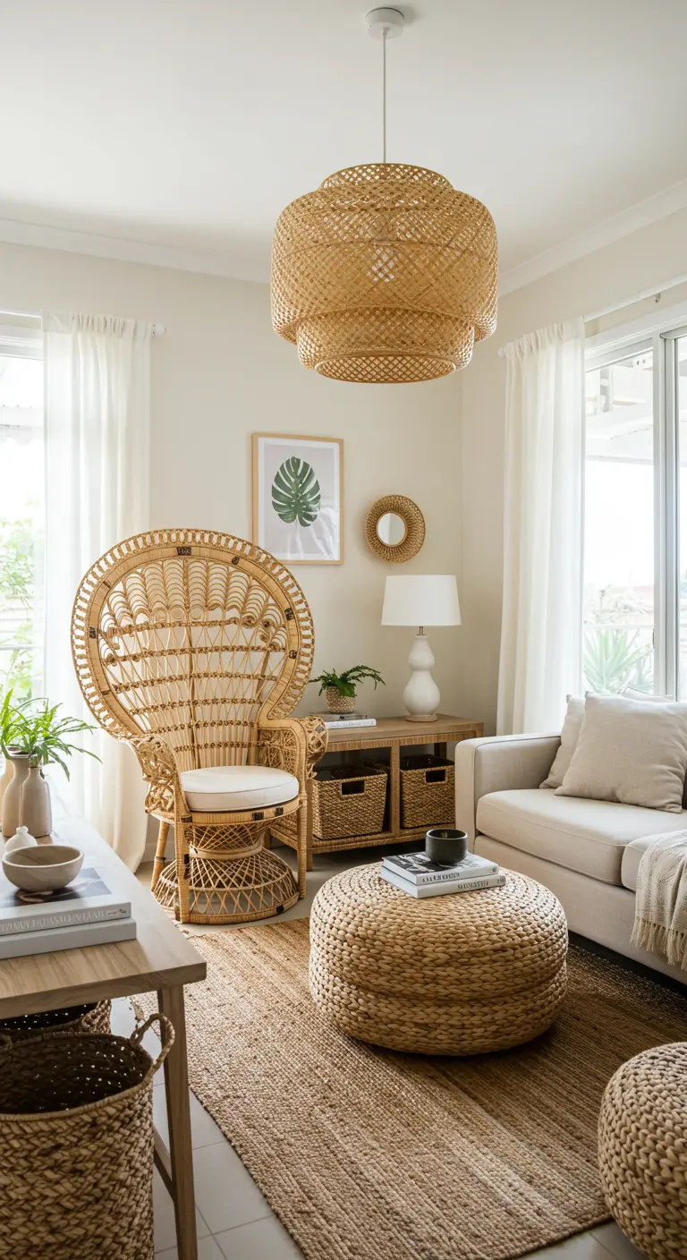 Rincón de una sala boho con una silla pavo real de ratán como protagonista.