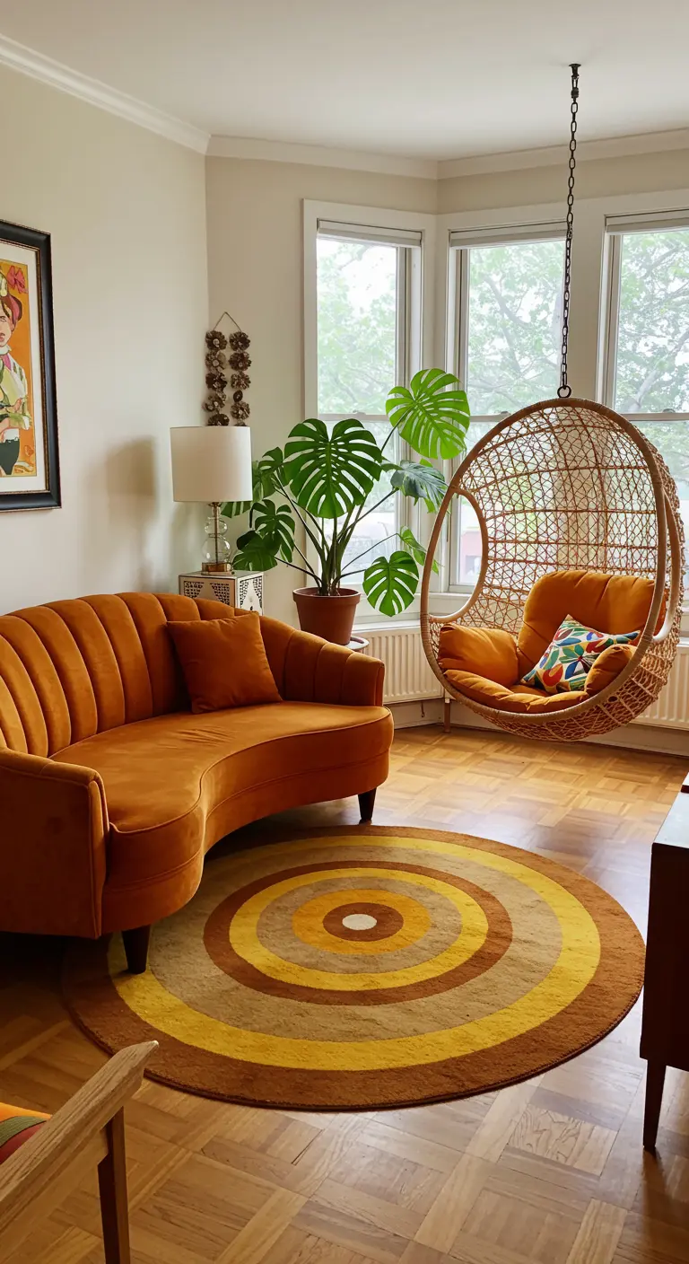 Sala con sofá curvo de terciopelo naranja y una silla colgante de ratán.