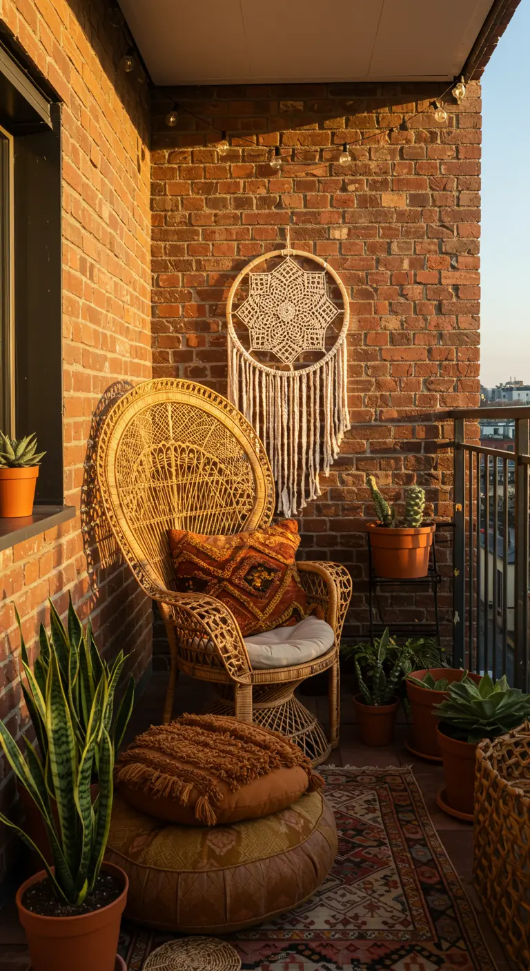 Balcón boho con silla de mimbre, pared de ladrillo y atrapasueños de macramé al atardecer.