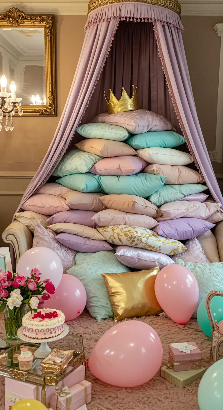 Un rincón de fiesta con una pila de cojines de colores pastel bajo un dosel.