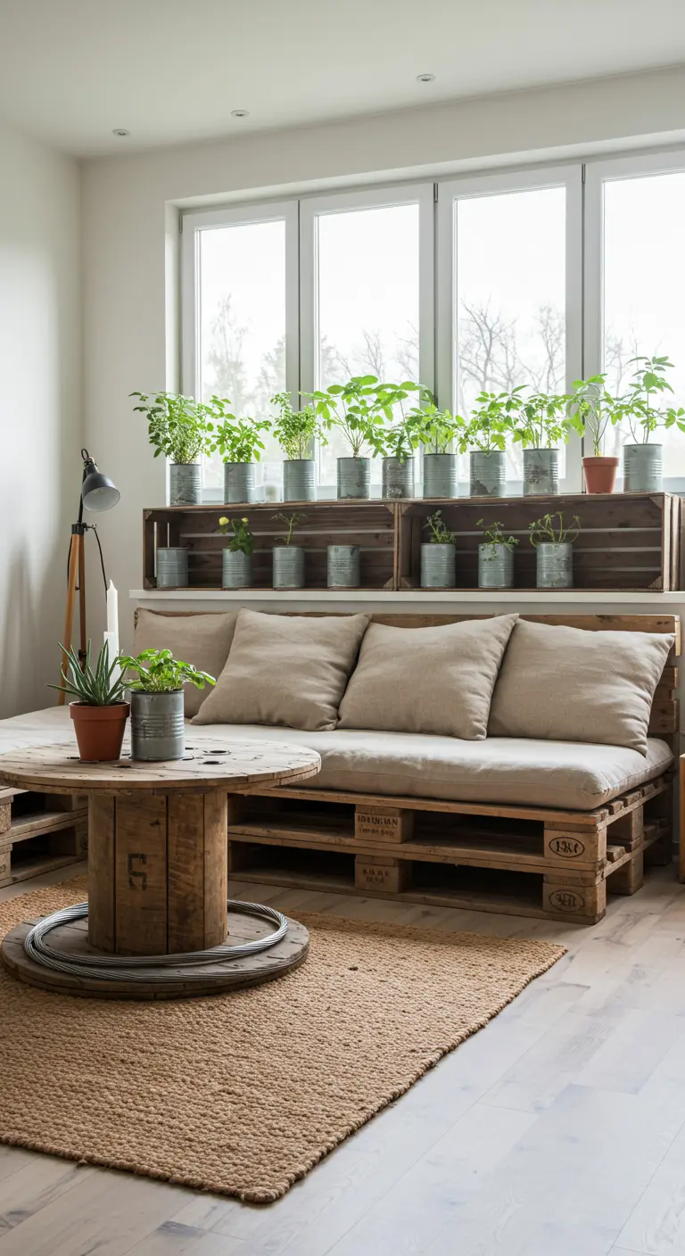 Sala de estar luminosa con un sofá hecho de palets de madera y una mesa de centro de carrete industrial.