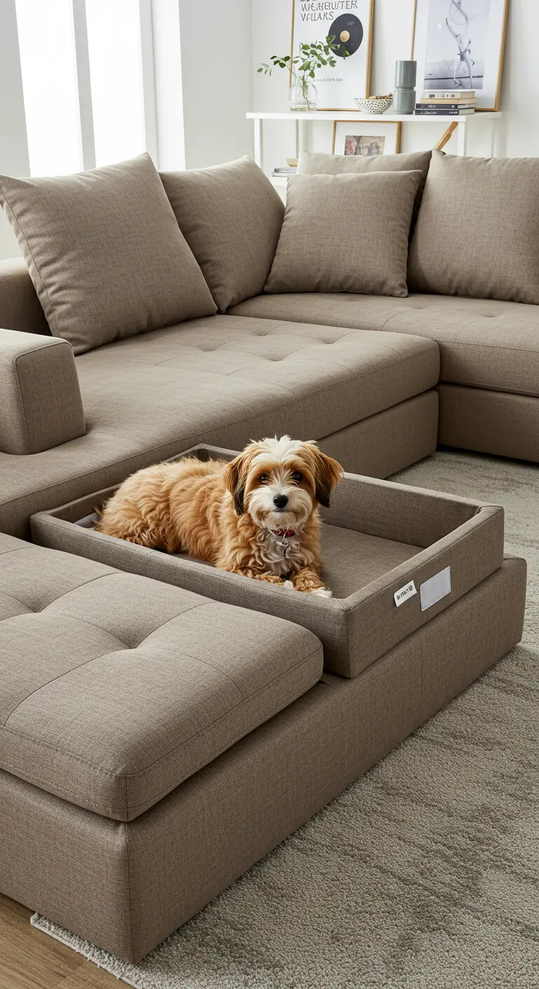 Un perro pequeño y adorable descansando en un módulo de sofá diseñado como cama para mascotas.