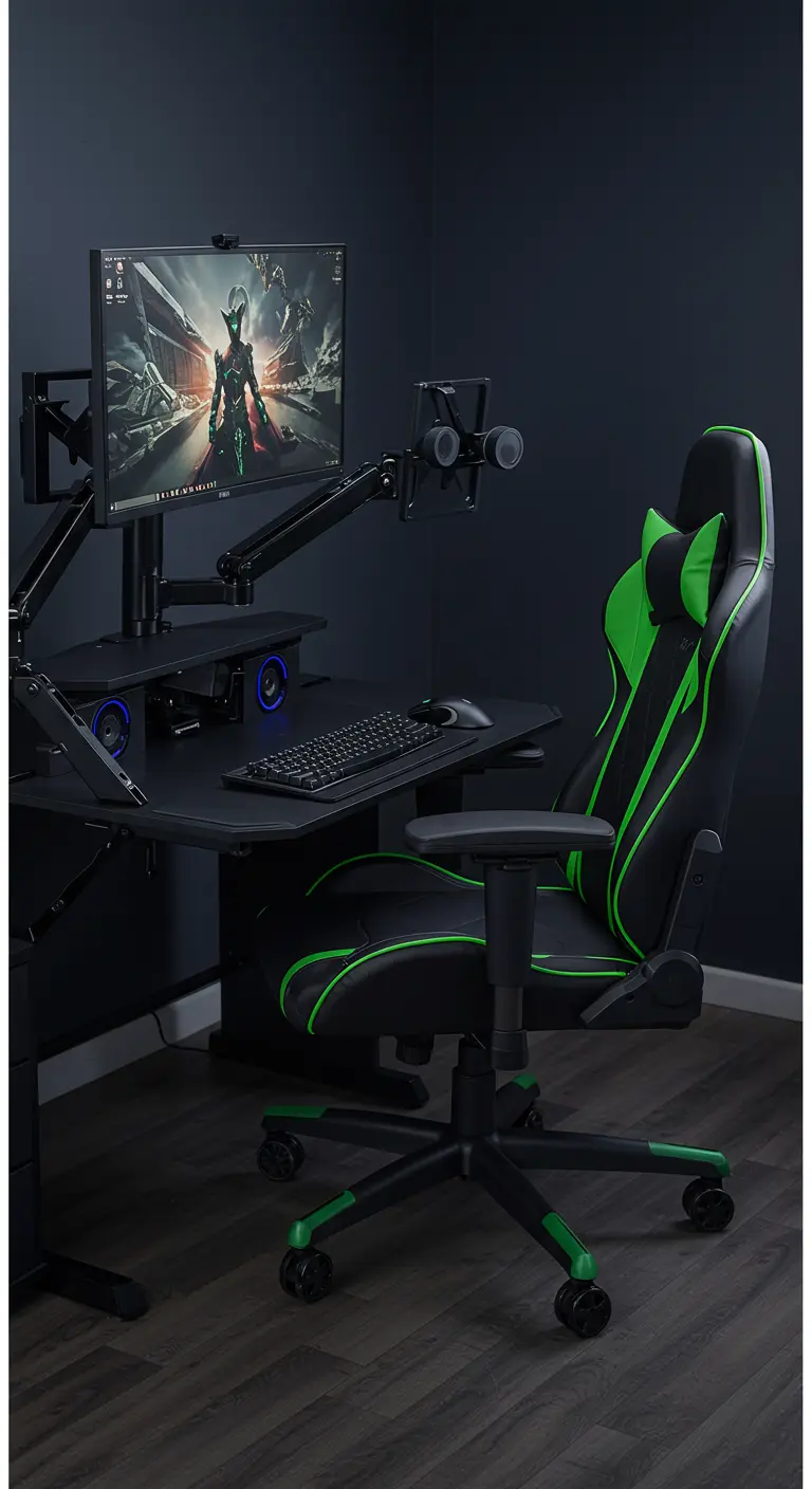 Escritorio de gaming negro con silla ergonómica verde y negra, y monitores en brazos ajustables.