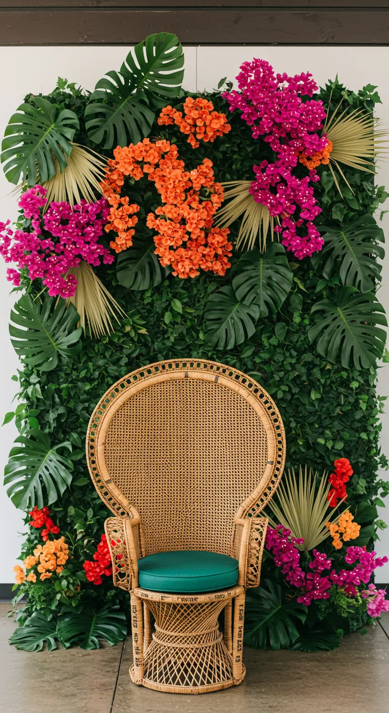 Silla de mimbre tipo pavo real frente a una pared verde con buganvillas de colores.