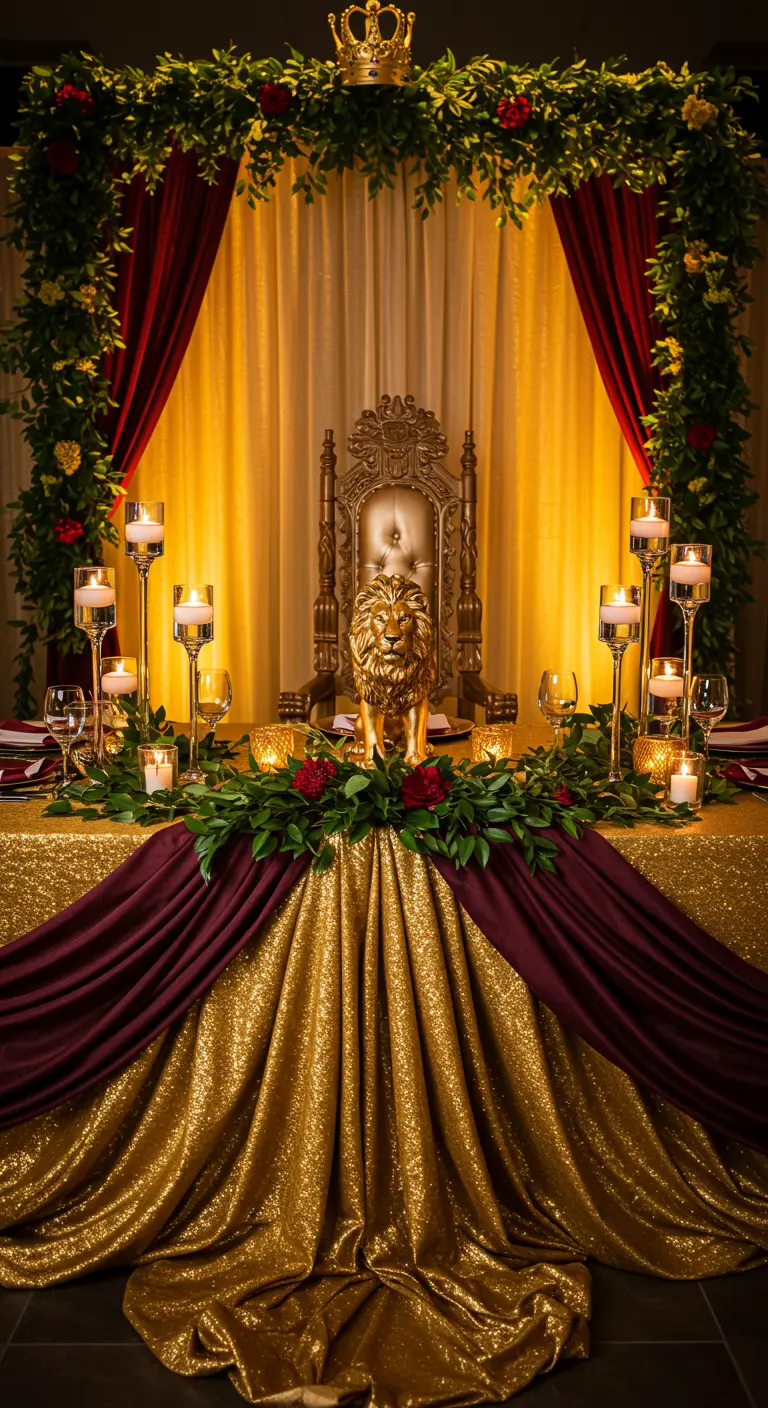 Mesa principal de fiesta con temática del rey león, con trono dorado y manteles de lentejuelas.