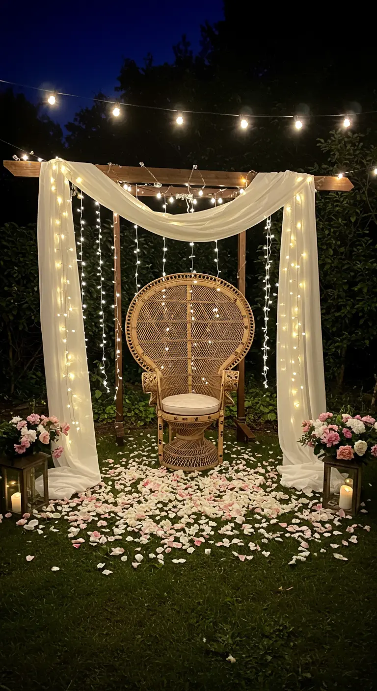 Silla de mimbre bajo un arco de madera decorado con luces de hadas y pétalos de rosa en el suelo.