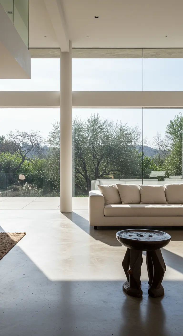 Salón minimalista con sofá blanco y taburete de madera tallada de estilo tribal africano.