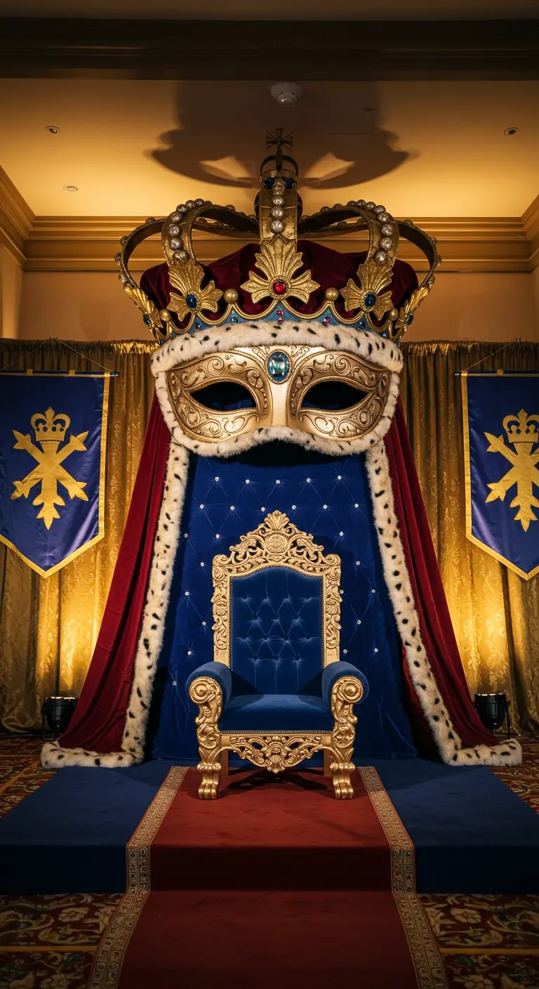 Un trono real azul y dorado con una gran capa y una máscara dorada con corona en la parte superior.