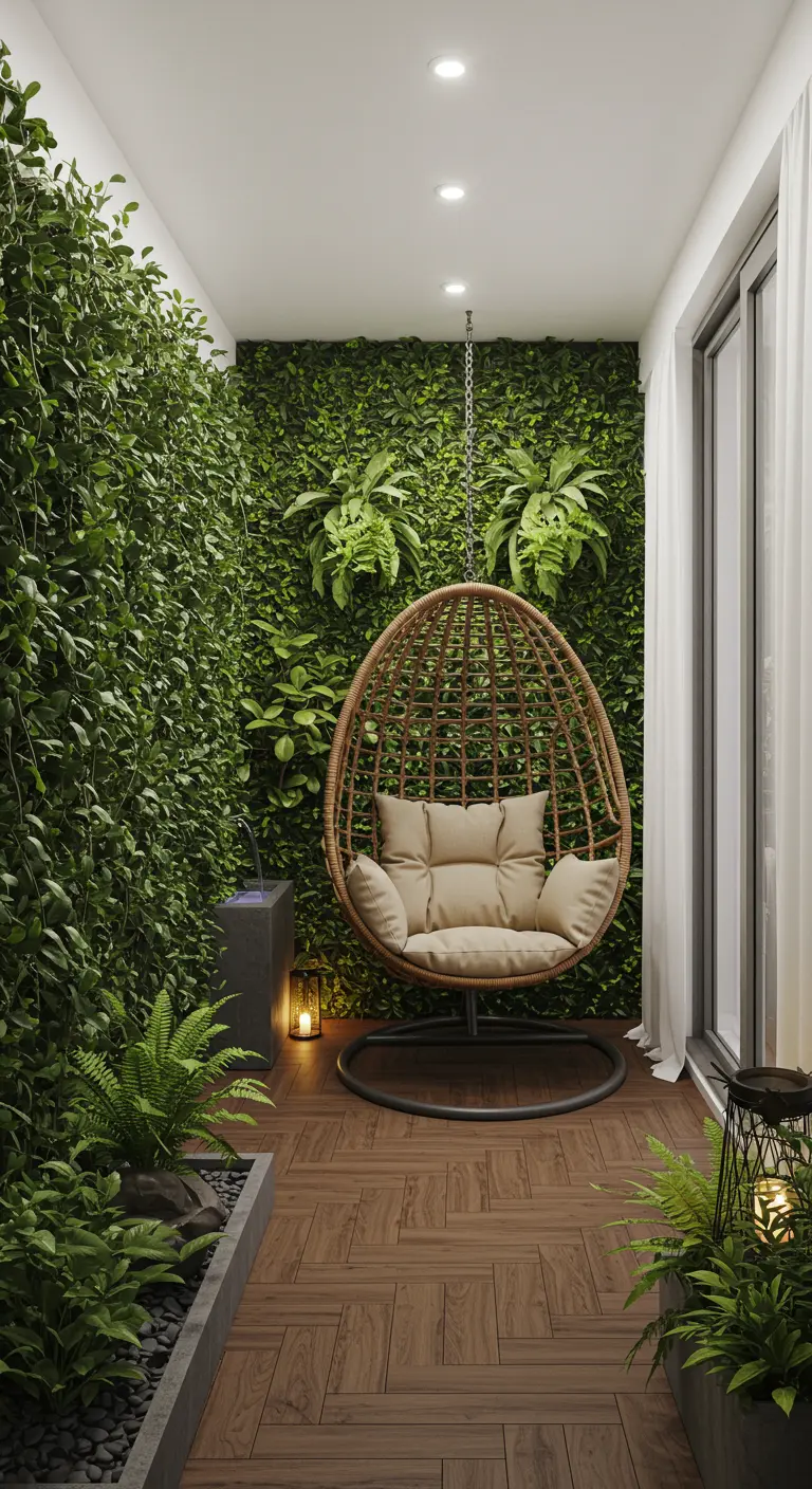 Balcón estrecho con jardín vertical y un sillón colgante de mimbre.
