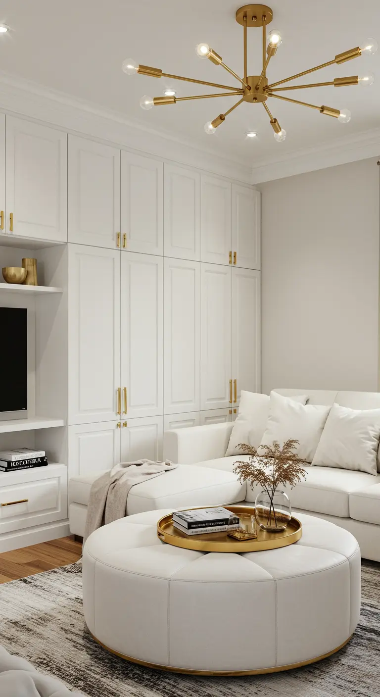 Sala de estar con armarios empotrados blancos y tiradores dorados, coordinados con una lámpara de techo moderna