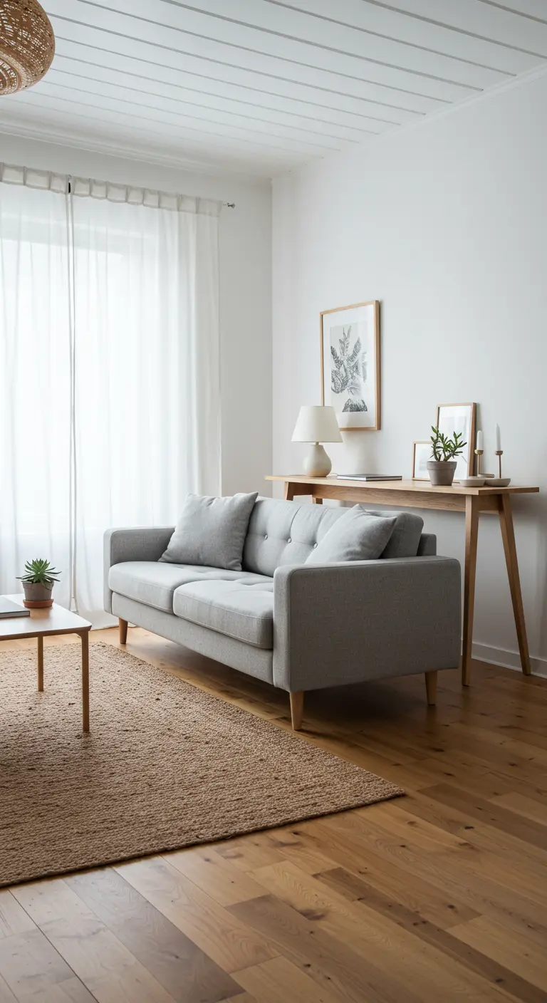 Escritorio-consola de madera clara detrás de un sofá gris en un salón de estilo escandinavo.