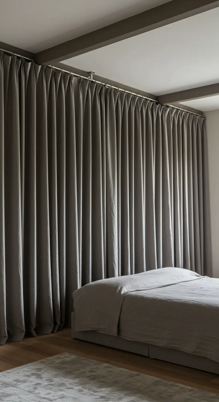 Pared completa detrás de la cama cubierta con cortinas grises del techo al suelo.