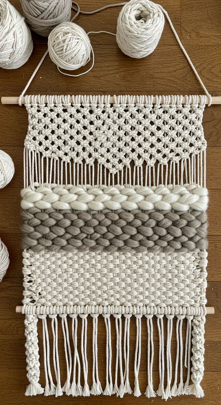 Tapiz de macramé y tejido con lana gruesa en tonos blanco, gris y beige.