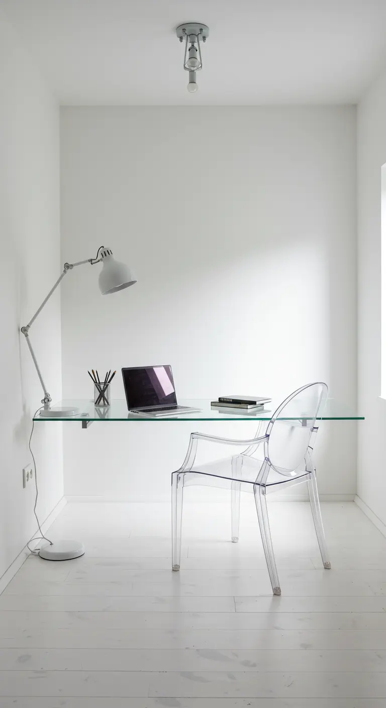 Escritorio flotante de cristal transparente en un rincón blanco y minimalista con una silla acrílica.