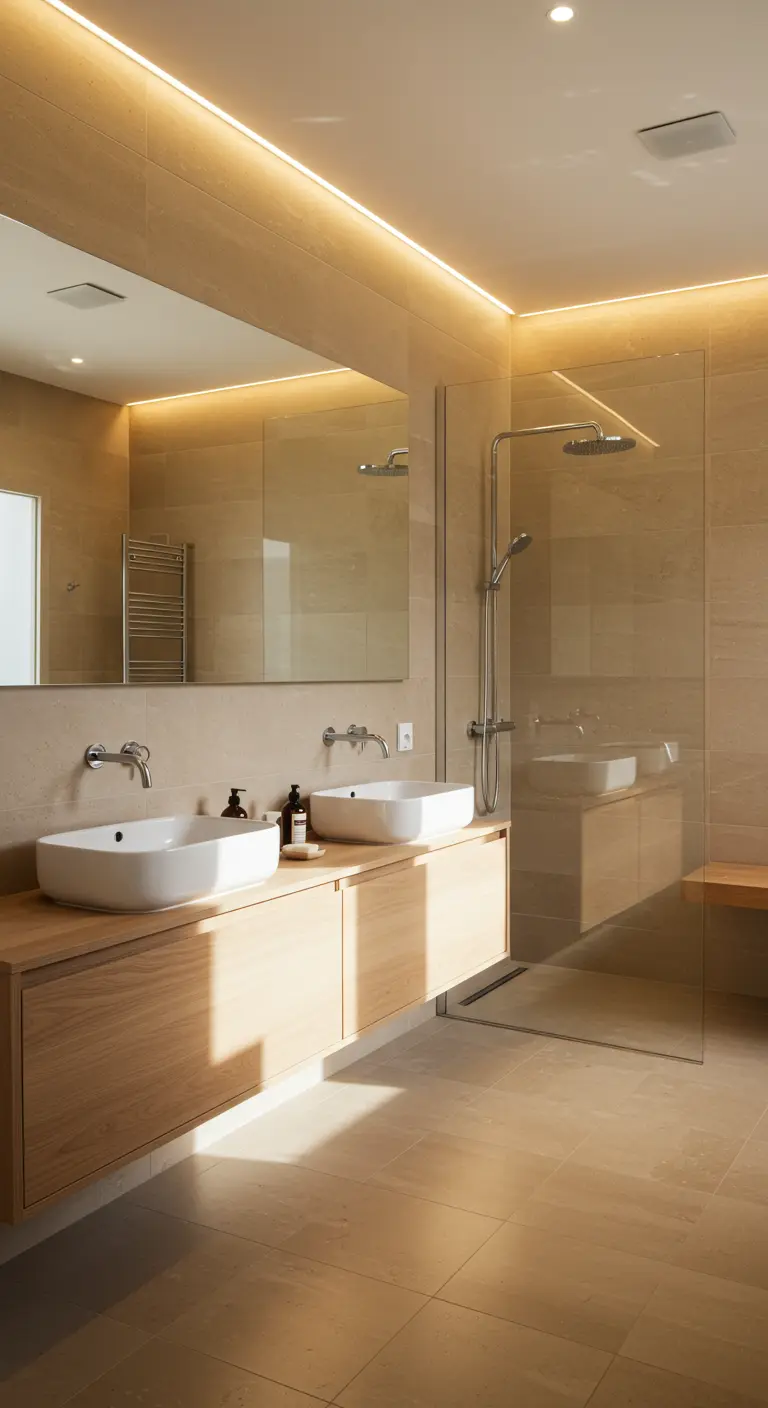 Baño moderno con lavabos sobre encimera, mueble de madera y luz LED indirecta en el techo
