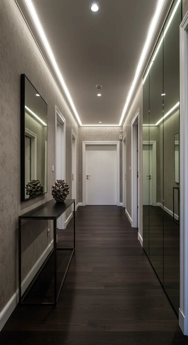 Pasillo moderno con iluminación LED indirecta en el techo y armarios con puertas de espejo.