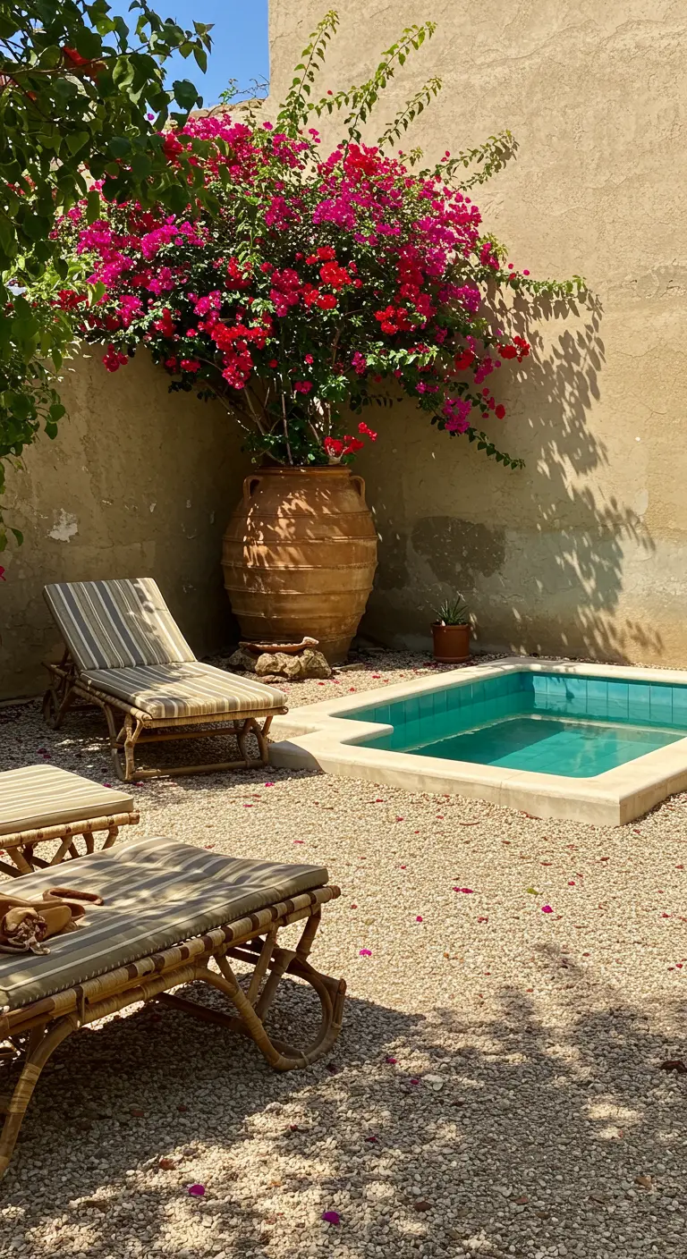 Pequeña piscina en un patio de grava con tumbonas de mimbre y una buganvilla en una tinaja.